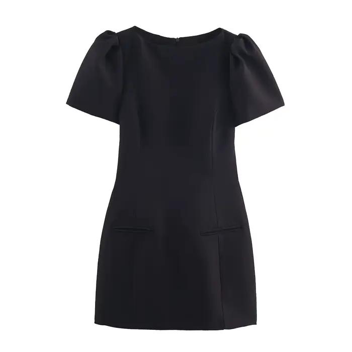 BSAY marron robe plissée femmes mode automne nouveau manches bouffantes poche décoration robes court