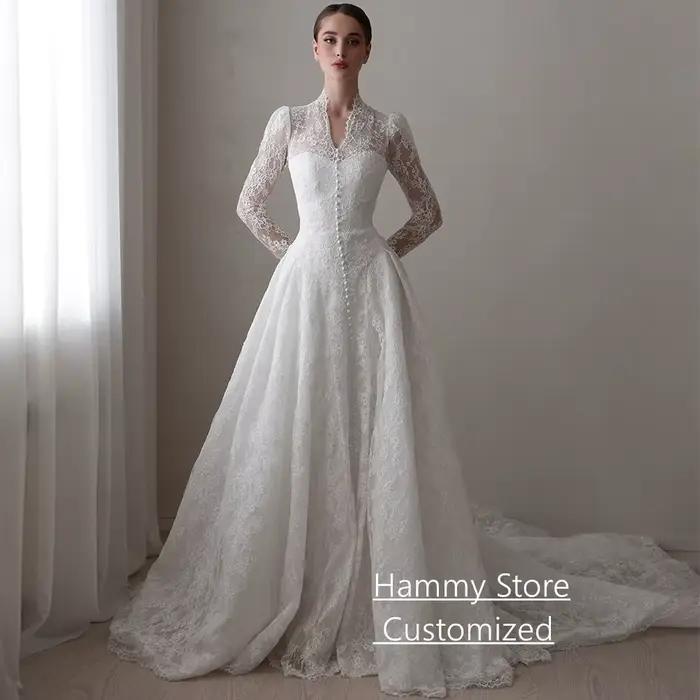 Robe de mariée de luxe en dentelle, personnalisée, col en V, manches longues, traîne Court, robes de