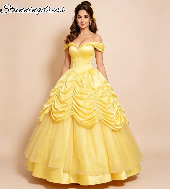 Robe de bal bleue Cendrillon style conte de fées 2026, épaules dénudées, style princesse, froncée ef