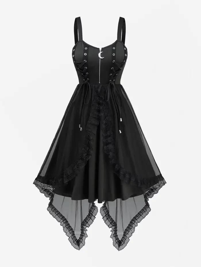 Nouvelles robes noires pour femmes, printemps-été, avec lacets, œillets, fermeture éclair, dentelle