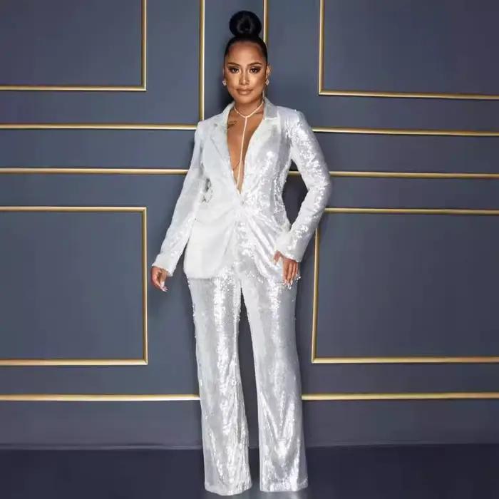 Combinaison en Polyester brillant, manches longues, col en v, ensemble deux pièces, robe de soirée é