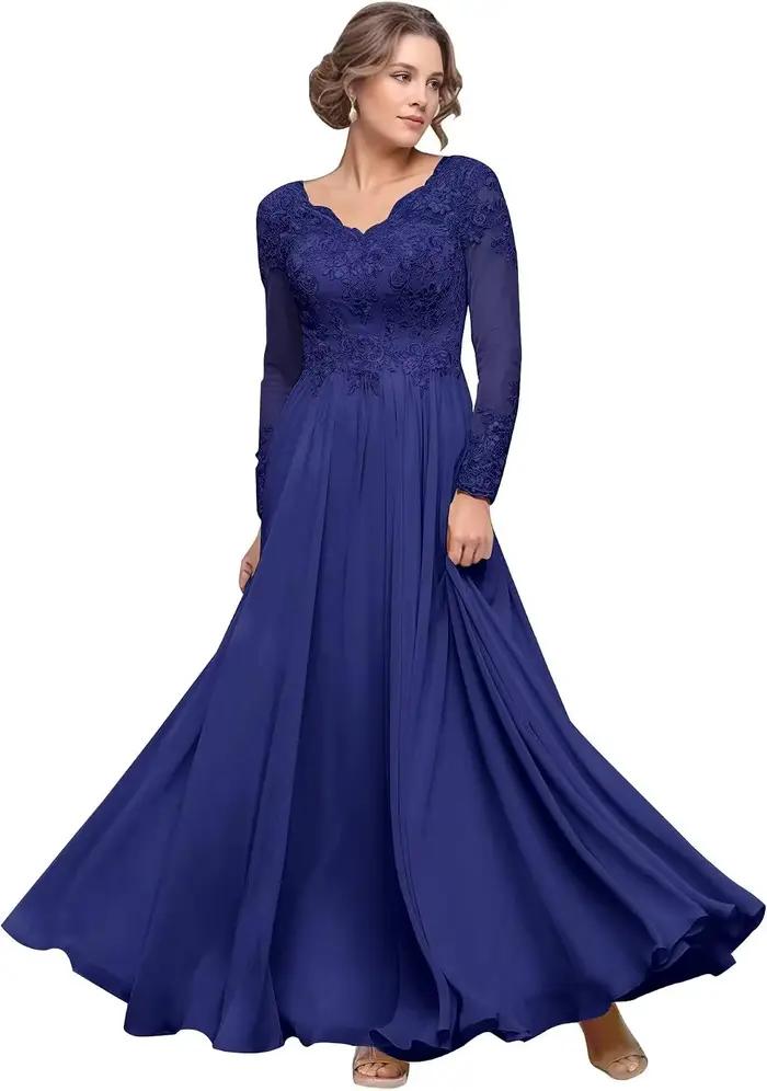 Robes de soirée longues à manches longues pour la mère de la mariée, avec appliques en dentelle, en