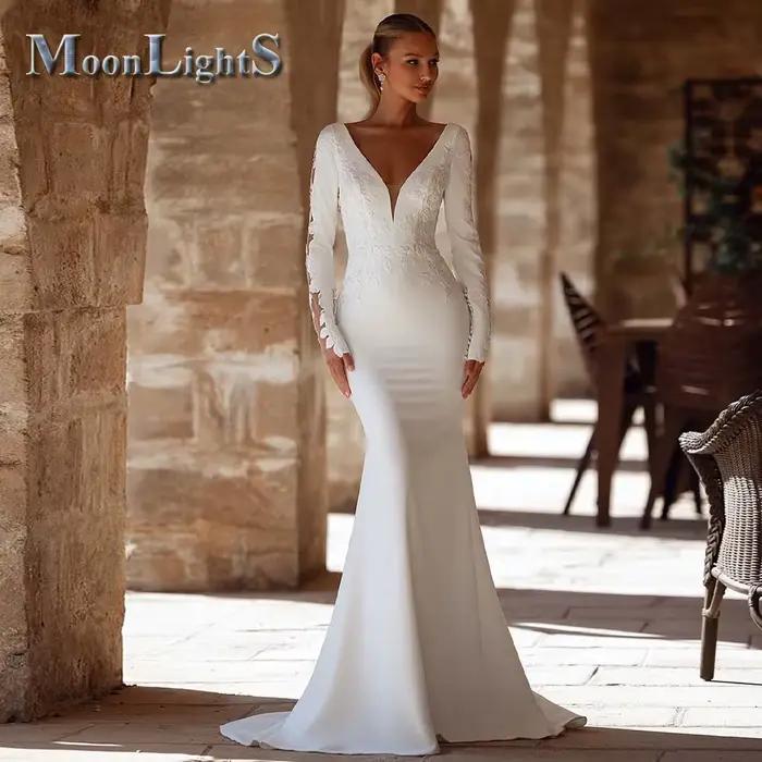 Moonlight charmante sirène robes De mariée pour les femmes dentelle Appliques col en V robe De soiré