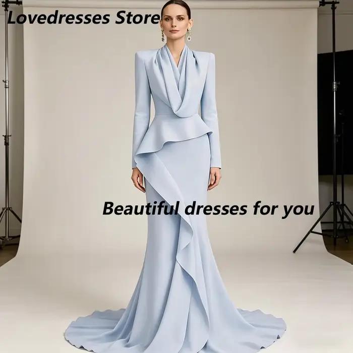 Robe de soirée bleu pâle personnalisée, col en V, manches longues, plissée, coupe sirène, longueur r