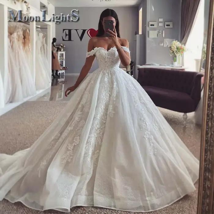 Moonlight-Robe de mariée à lacets A-Line personnalisée, appliques de mariée modernes, hors de l'init