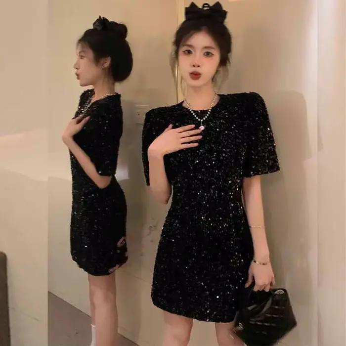 Robe à paillettes pour femmes, col rond, manches courtes, nouvelle mode française, taille haute, épi