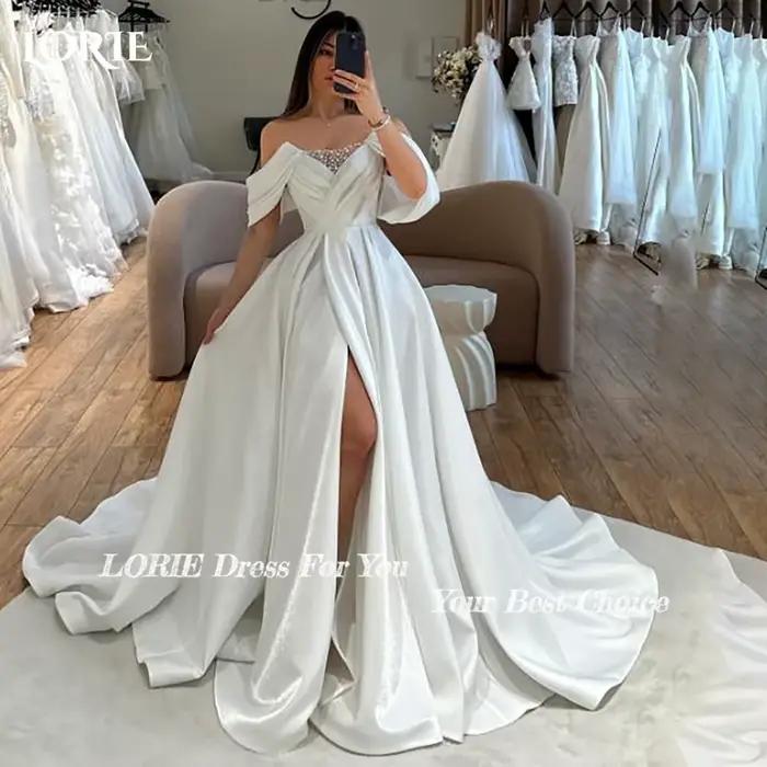 LORIE – robe de mariée élégante en Satin, épaules dénudées, avec fente, ligne a, robe de plage, à vo