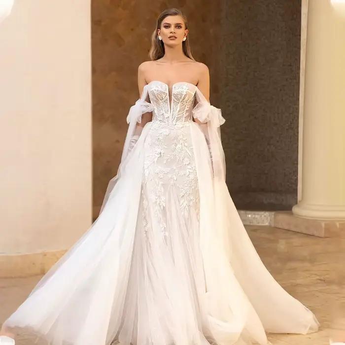 Robes de mariée sirène de luxe avec appliques en dentelle, poignées optiques, train amovible, 2 en 1
