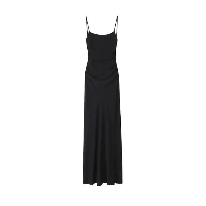 Robe mi-longue drapée pour femmes, col droit, bretelles fines, robes féminines dos nu, mode Chic