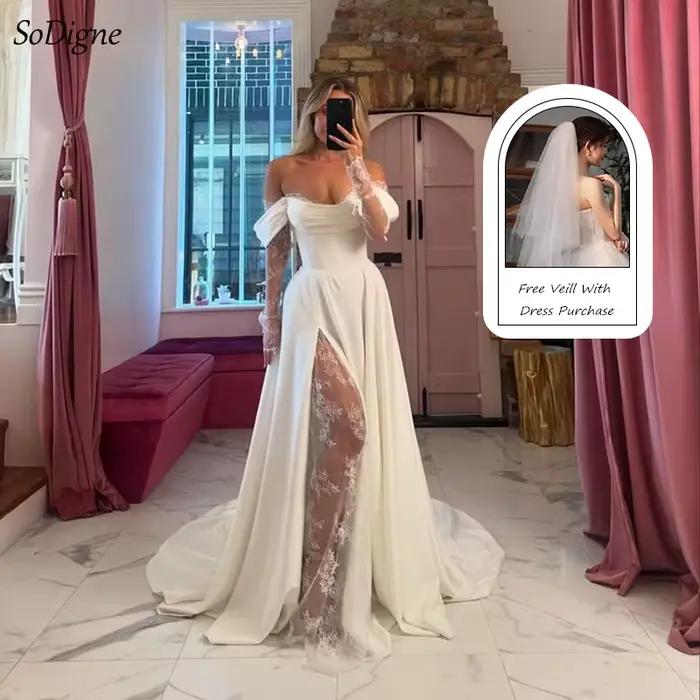 SoDigne a-ligne robes de mariée épaules dénudées à manches longues Satin/dentelle robe de mariée élé