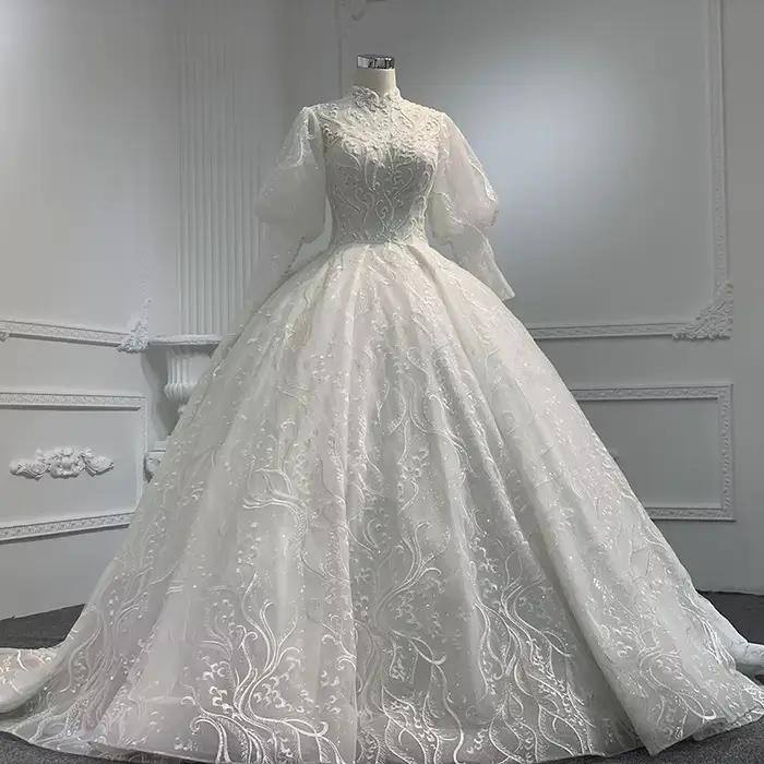 Mn-Robe de Mariée Longue en Organza, Manches sulf, Sexy, Dentelle, Col Haut, Classique, Bouton Arriè