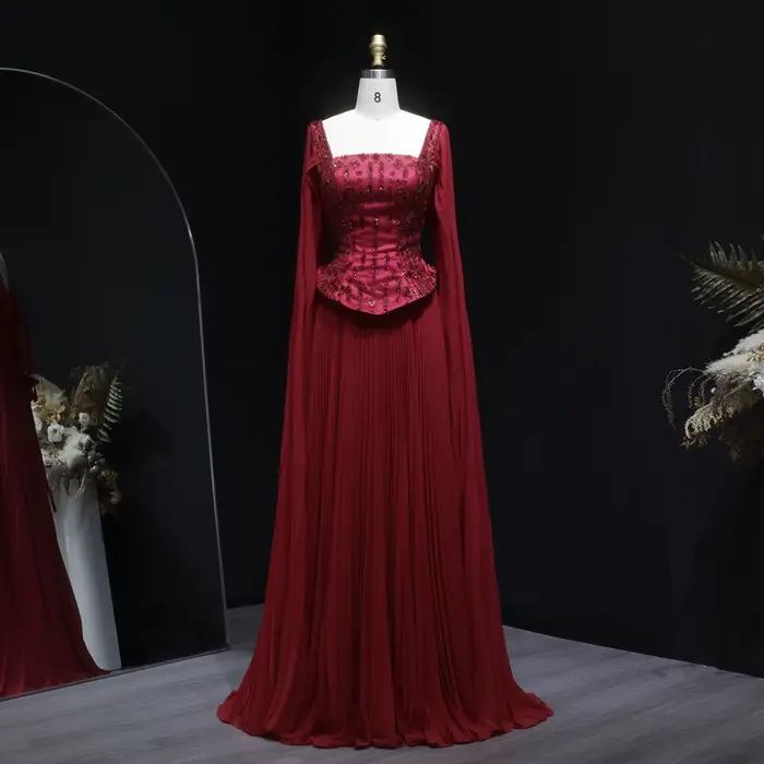 Robes de soirée Sharon Said Champagne Luxury Pleats rouge bordeaux pour mariage et fête, avec manche
