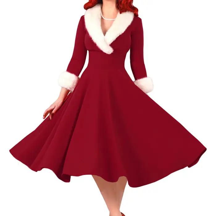 Robe de Noël plissée à manches longues et col en V pour femmes, tunique élégante, robes trapèzes, co