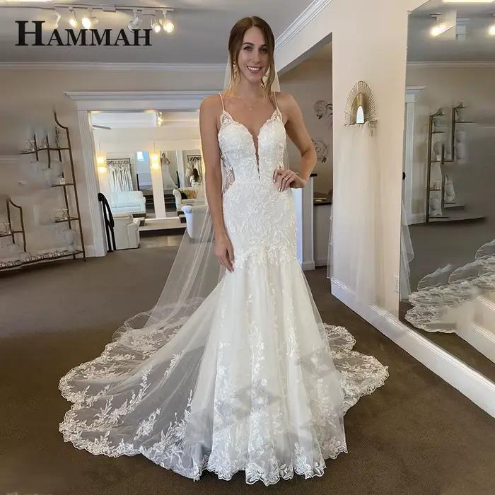 HAMMAH-Robes de Mariée Trompent de Luxe, Bretelles Spaghetti, Appliques, Dentelle Tulle, Traîne Cour