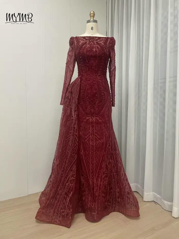 MYMB vin élégant manches longues perles dentelle mère de la robe de mariée arabe magnifique sirène r