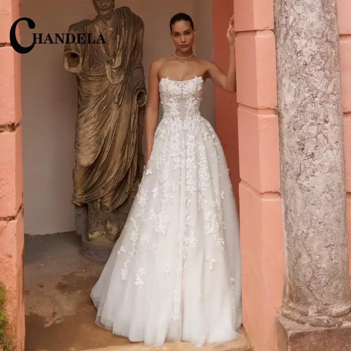 CHANDELA Robe de mariée classique sans manches, avec appliques en dentelle, coupe trapèze, sans bret