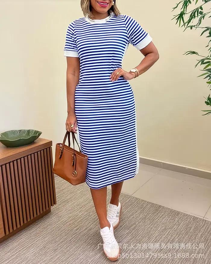 Robe mi-longue pour femme, col rond, coupe trapèze, manches courtes, taille ajustée, élégante, style