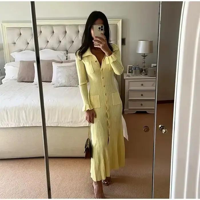 Robe tricotée d'hiver pour femmes, manches longues, volants, simple boutonnage, robes longues de fêt