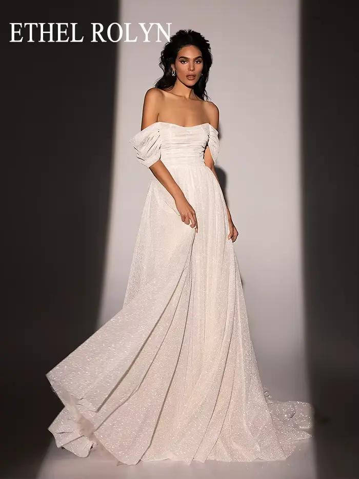 ETHEL ROLYN robes De mariée trapèze pour femmes brillant hors De l'épaule col bateau brosse Train ro