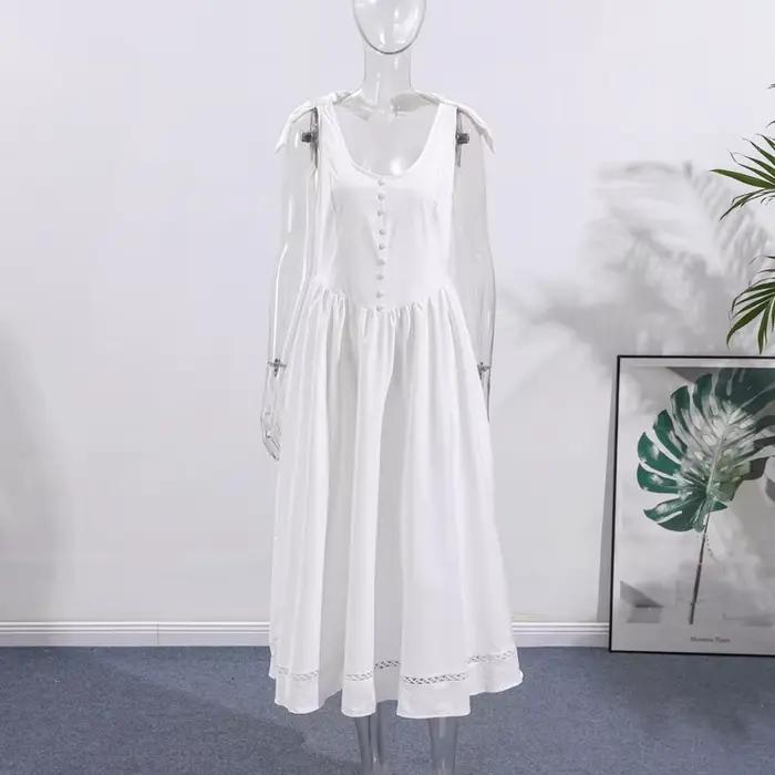 Robe longue à lacets avec nœud pour femmes, couleur unie, élégante, col carré, sans manches, drapée,