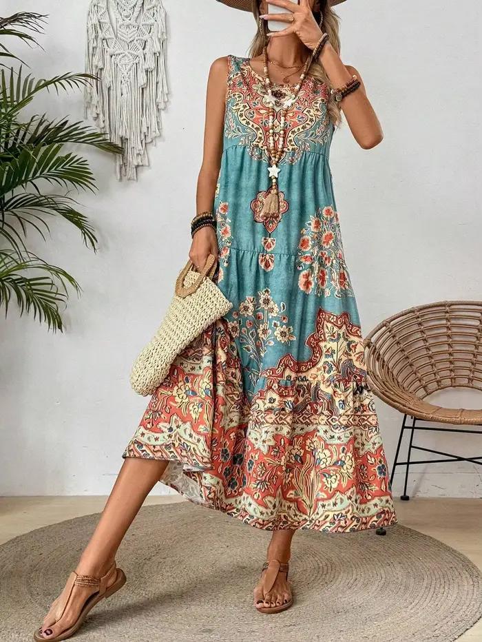 Holidaya dames été imprimé fleuri col rond robe sans manches pour décontracté ou vacances Maxi vacan
