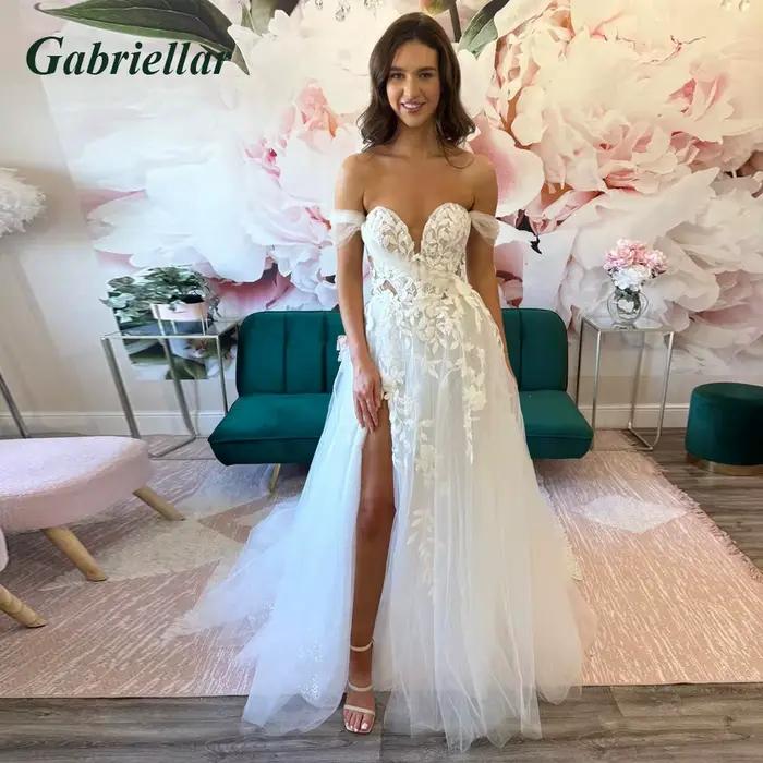 Lements o.org-Robe de Mariée Ligne A, Appliques en Tulle, Fente Latérale, Fermeture Éclair avec Bout