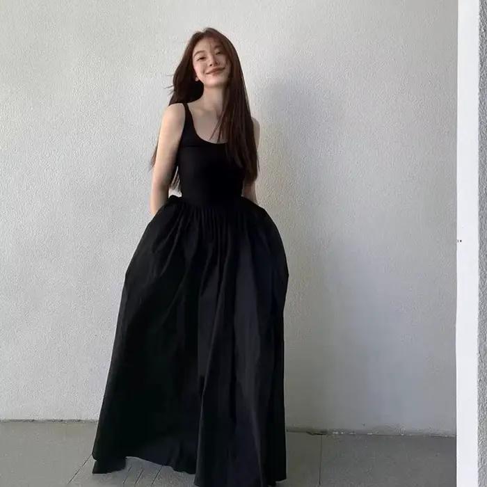 Robe longue noire sans bretelles pour femme, coupe ajustée, sans manches, col rond, taille haute, no