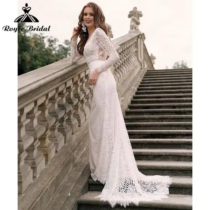 Charmante robe de mariée sirène de plage, boho, col en V, dentelle, manches longues, dos nu, patient