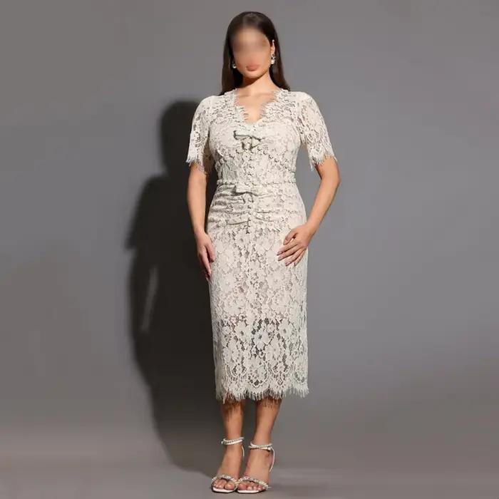 Robe de soirée de mariage personnalisée et raffinée pour banquet, col en V, robe midi droite en dent