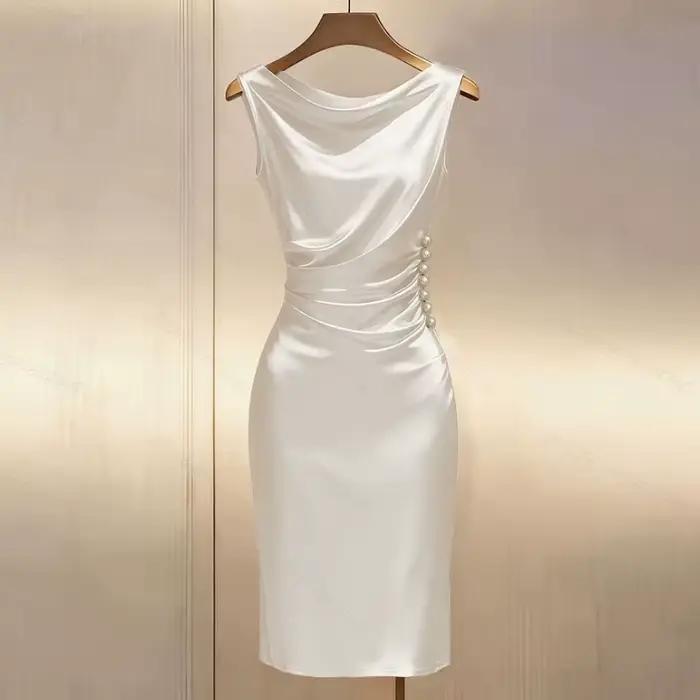 Robes d'été élégantes pour femmes, sans manches, blanches, à plis fins, Vestidos De Verano Mujer Q41