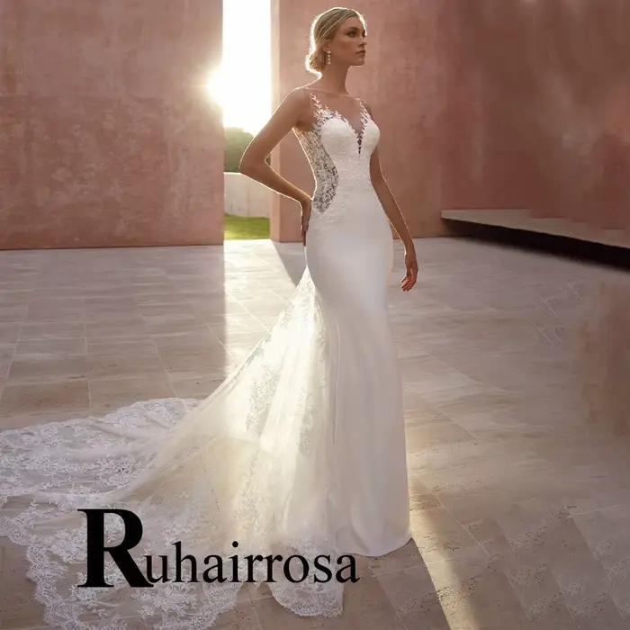 Ruhair moderne sirène robes de mariée Appliques sans manches boutons chapelle Train Bustier personna