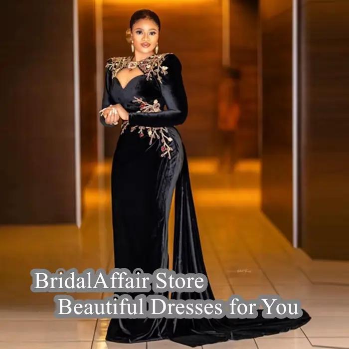 Robe de soirée sirène vintage en velours noir avec appliques florales et perles, style Aso Ebi, robe