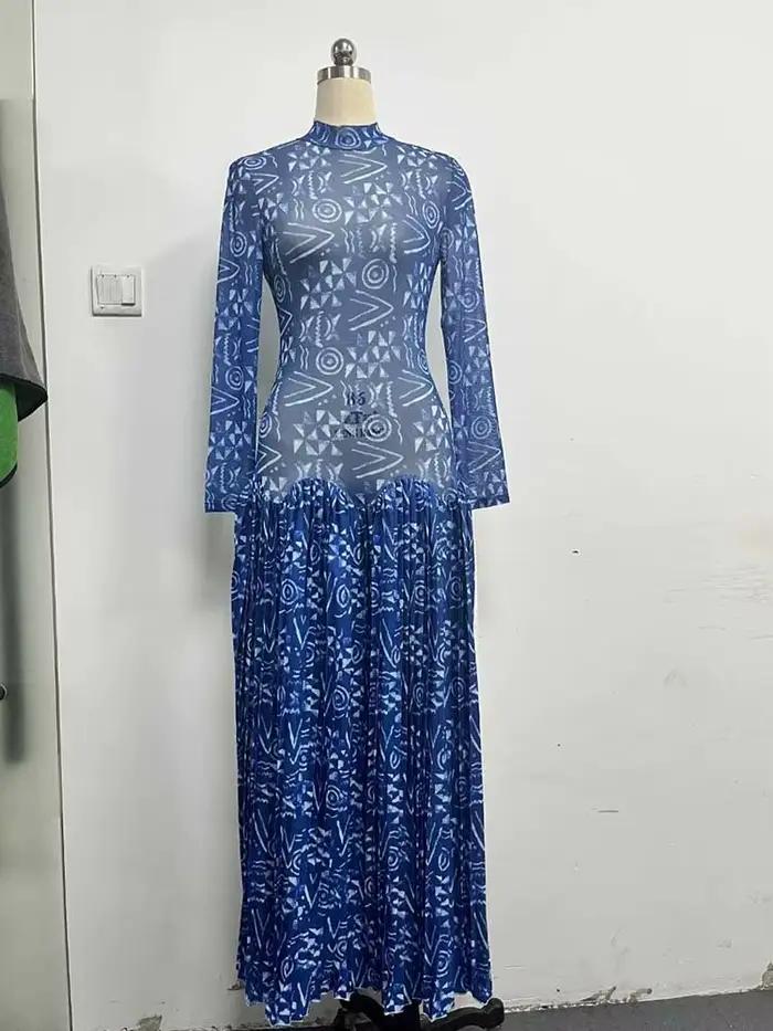 Robe bleu Royal pour femmes, col roulé, taille haute, transparente, légère, longue, avec manches, St
