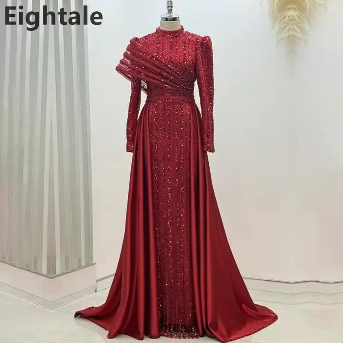 Robe de soirée sirène Champagne personnalisée, manches longues, col haut, luxe, paillettes, robe de