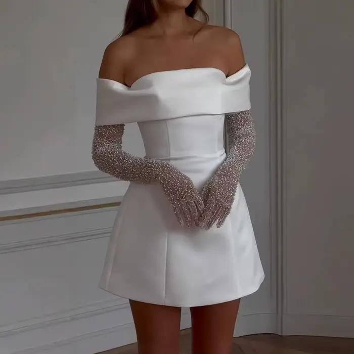 Robes d'été élégantes, couleur unie, manches courtes, épaules dénudées, couches, Mini robes de soiré