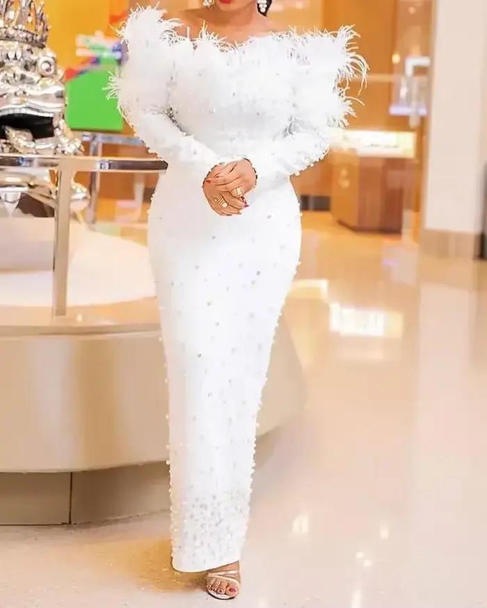 Robe de soirée longue en plumes blanches pour femmes, robes de nuit avec perles, taille haute, danse