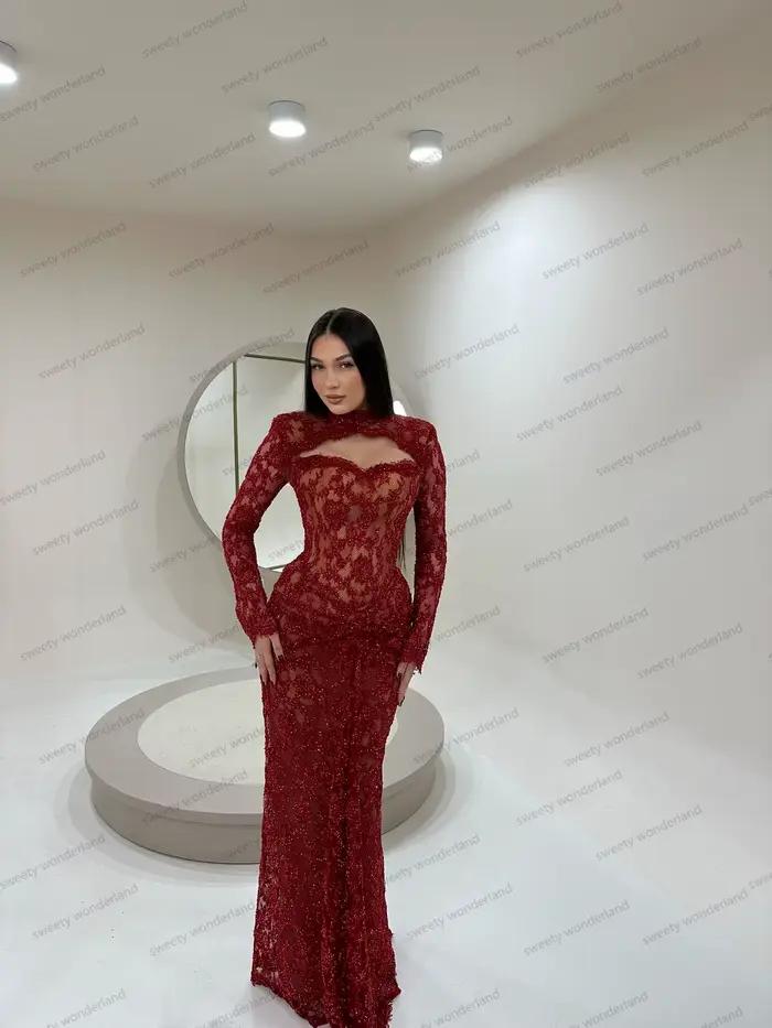 Robes de soirée rouge foncé en dentelle perlée plissée, robe de bal à manches longues, robe de soiré
