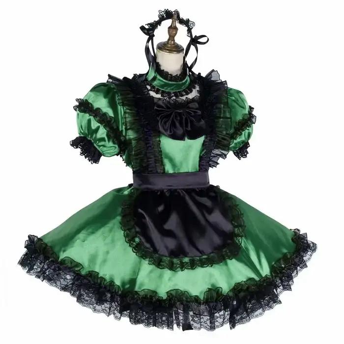 Uniformes de femme de chambre en dentelle noire française avec tablier, robe à manches courtes bouff