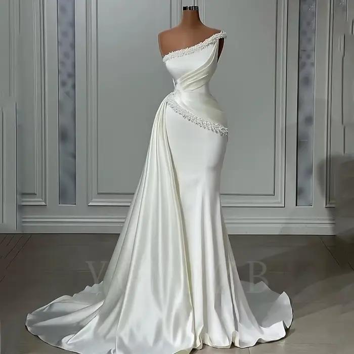 Satin perles robes De mariée luxueux 2025 mariée sur épaule sirène avec Train latéral robe De mariée