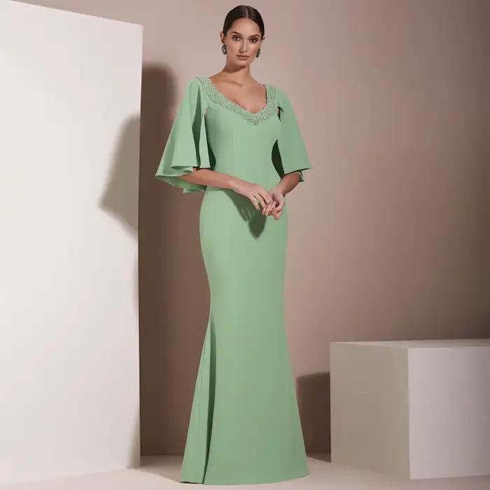 Robe sirène élégante pour mère de la mariée, perlée, col en V, menthe, robe d'invité de mariage pour
