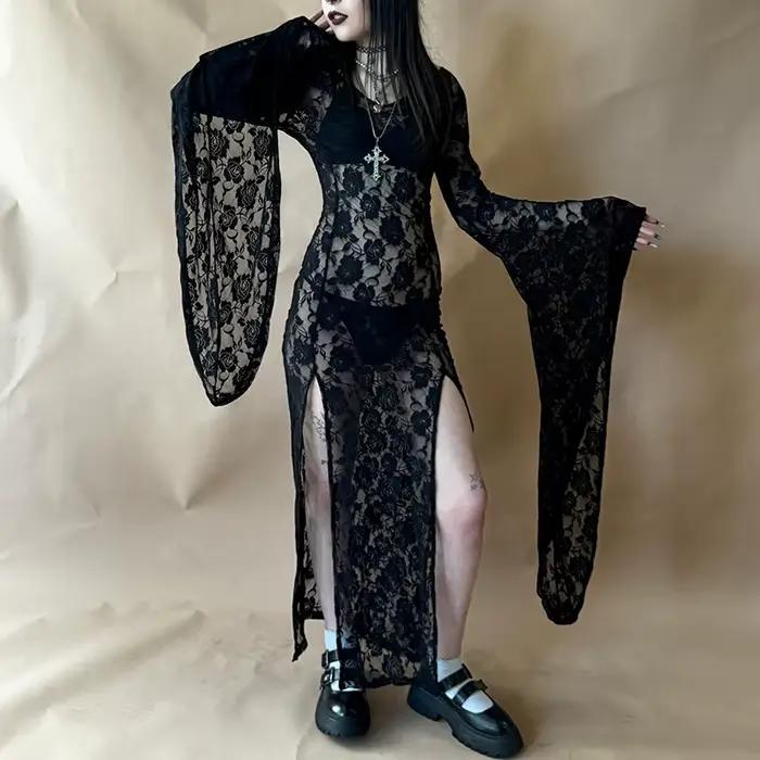 E-girl Goth Punk moulante robe à bretelles femmes pure dentelle robe Maxi chauve-souris à manches lo