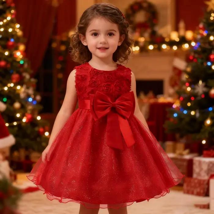 2025 robe de fille de fleur rouge bébé filles robes de nouvel an robes famille rassemblement enfants