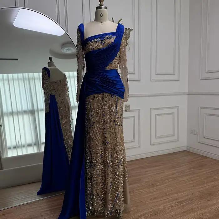 Robe de soirée sirène en velours bleu Royal, design de luxe, perles, Serene Hill, 2021, LA72988, per