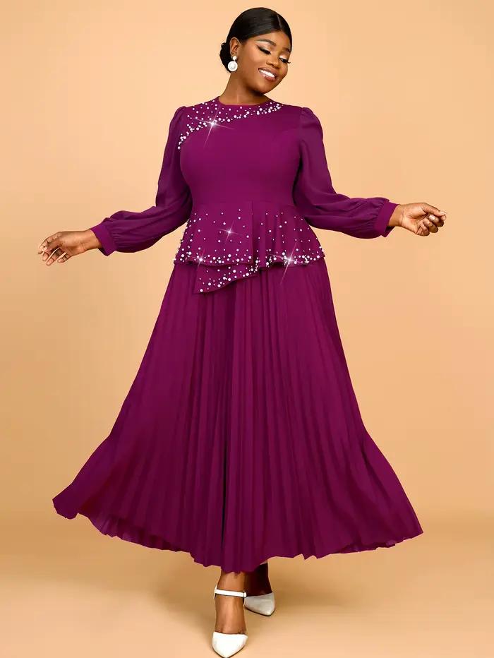 Robe de bal en mousseline de soie, violet, rouge, manches longues, col rond, plissée, perlée, robe d