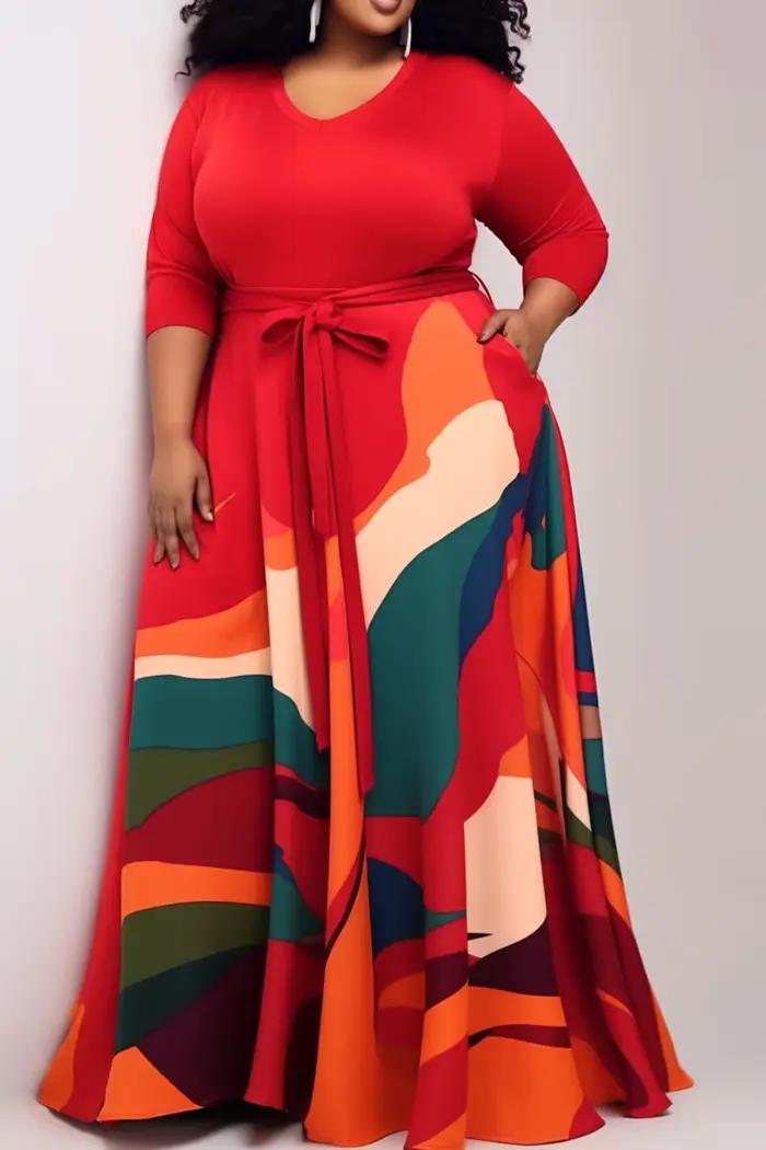 Robe décontractée grande taille rouge imprimé partout, col rond, robe longue tricotée avec poche