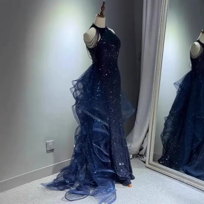 Robes de soirée élégantes bleu marine étincelles robe de soirée à perles robe de bal personnalisée 2