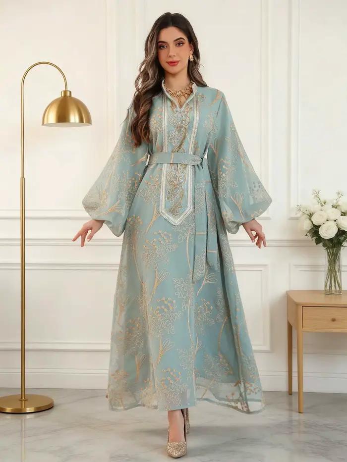 Robe Abaya Islamique Modeste pour Femme, Broderie Florale Dorée, Style Marocain, Ceinture Décontract