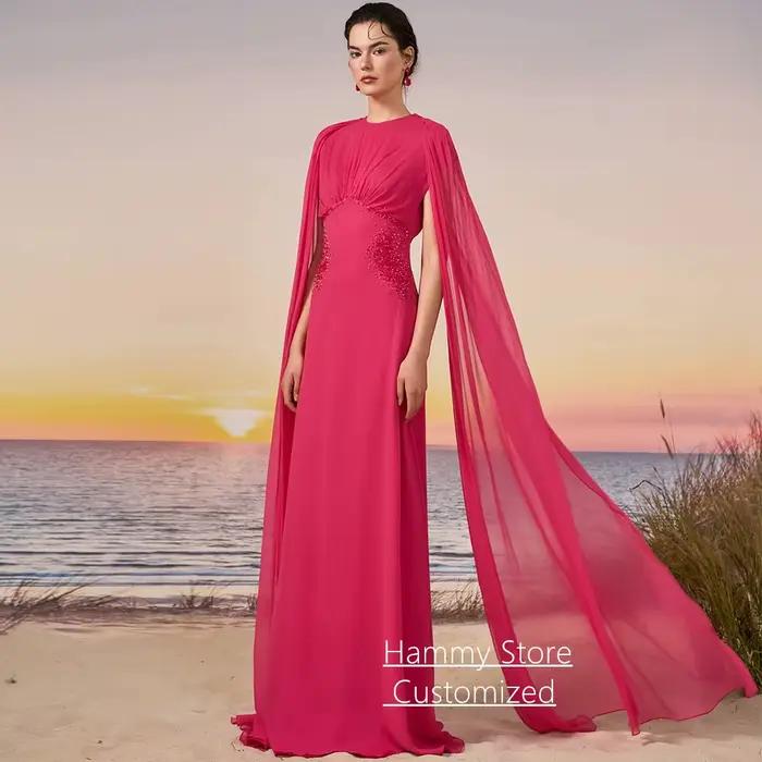 Robe de soirée en mousseline de soie fuchsia, col rond personnalisé, sans manches, avec perles, robe