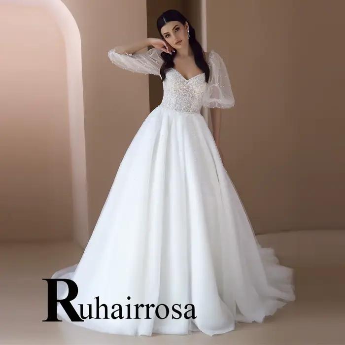 Ruhair robes De mariée fantaisie manches bouffantes perles fermeture éclair a-ligne Appliques chérie
