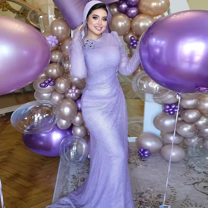 Robe de soirée sirène arabe personnalisée, col rond, manches longues, plissée, ornée de perles, traî